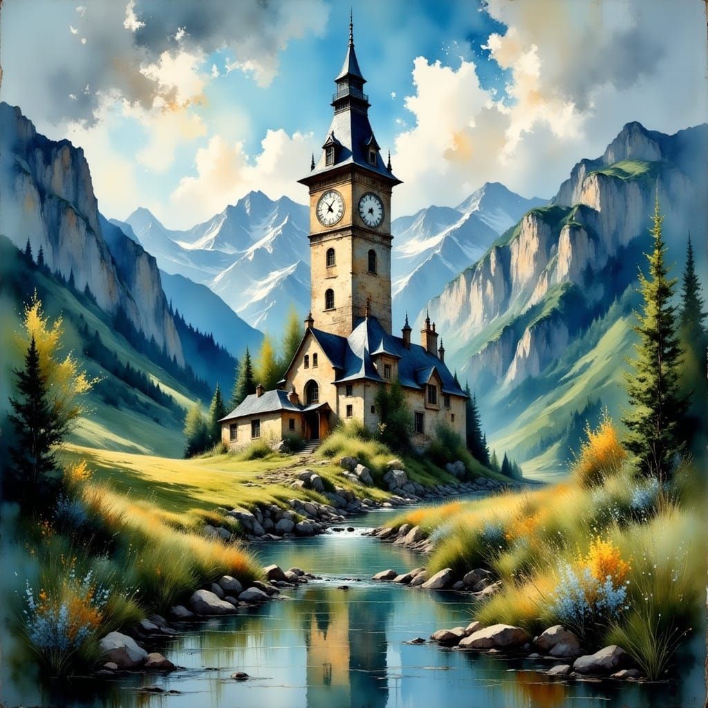 Clocktower Monument in Valley, Impasto Oil Painting