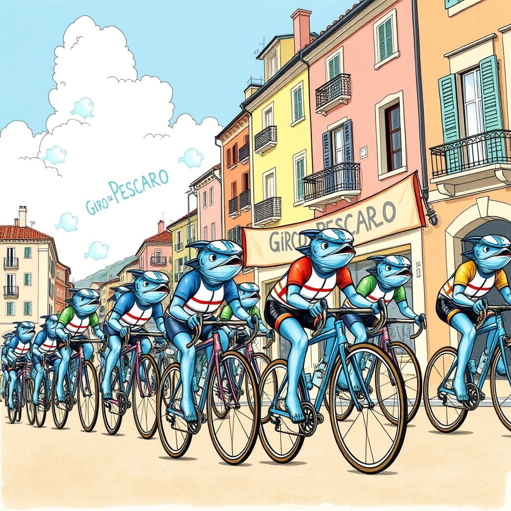 Athletic Bluefin-Tuna Fish Cyclists Ride Through Italian Sea...