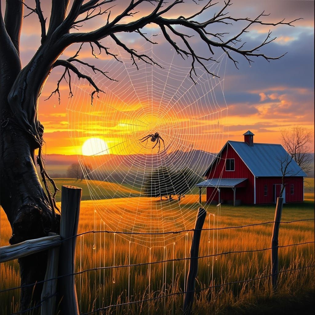 Tranquil Sunset Scene with Delicate Spider Web