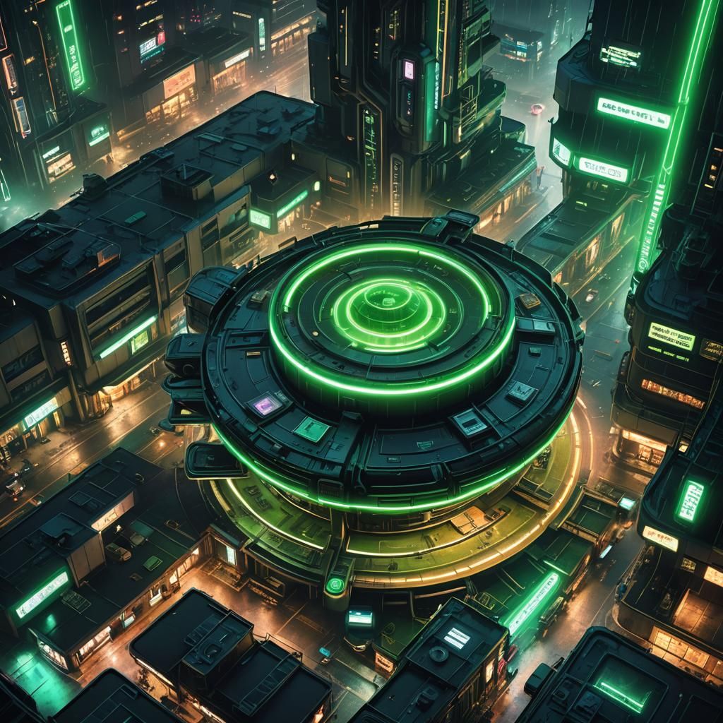 Cyberpunk Teacup Space Station Fires Green Beam
