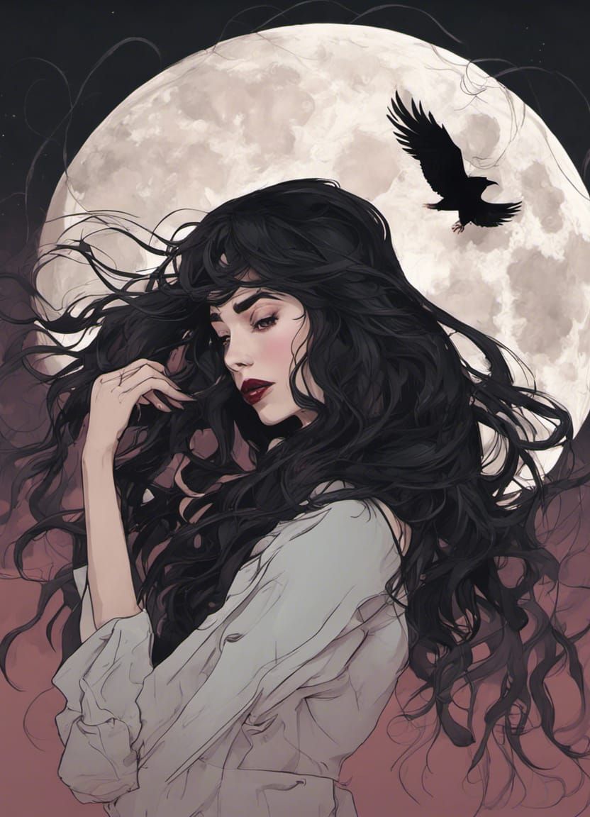 Enigmatic Witch with Raven Hair and Ruby Lips