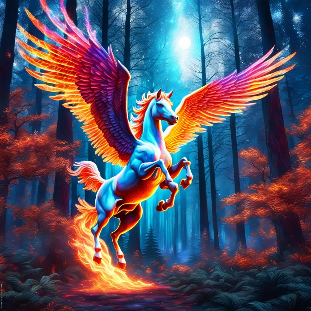 Ice Pegasus in Fiery Forest: Holographic Astral Illustration