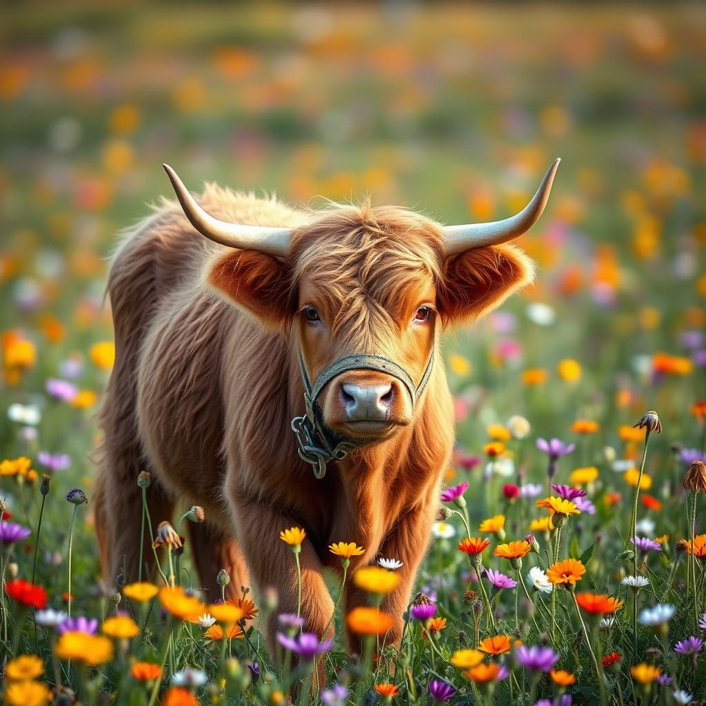 Fluffy Highland Cow in Wildflower Meadow
