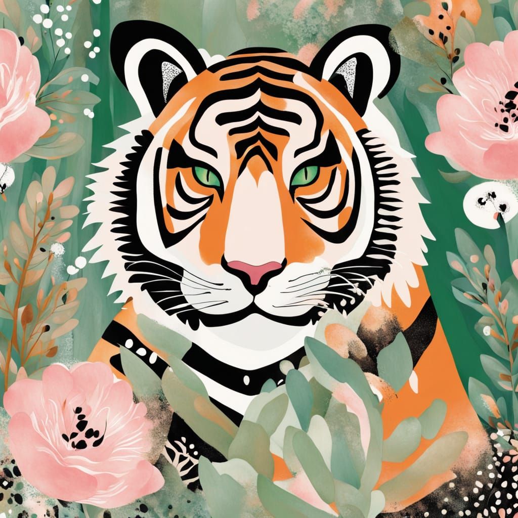 Tiger Rolling in Snow with Floral Abstract Background