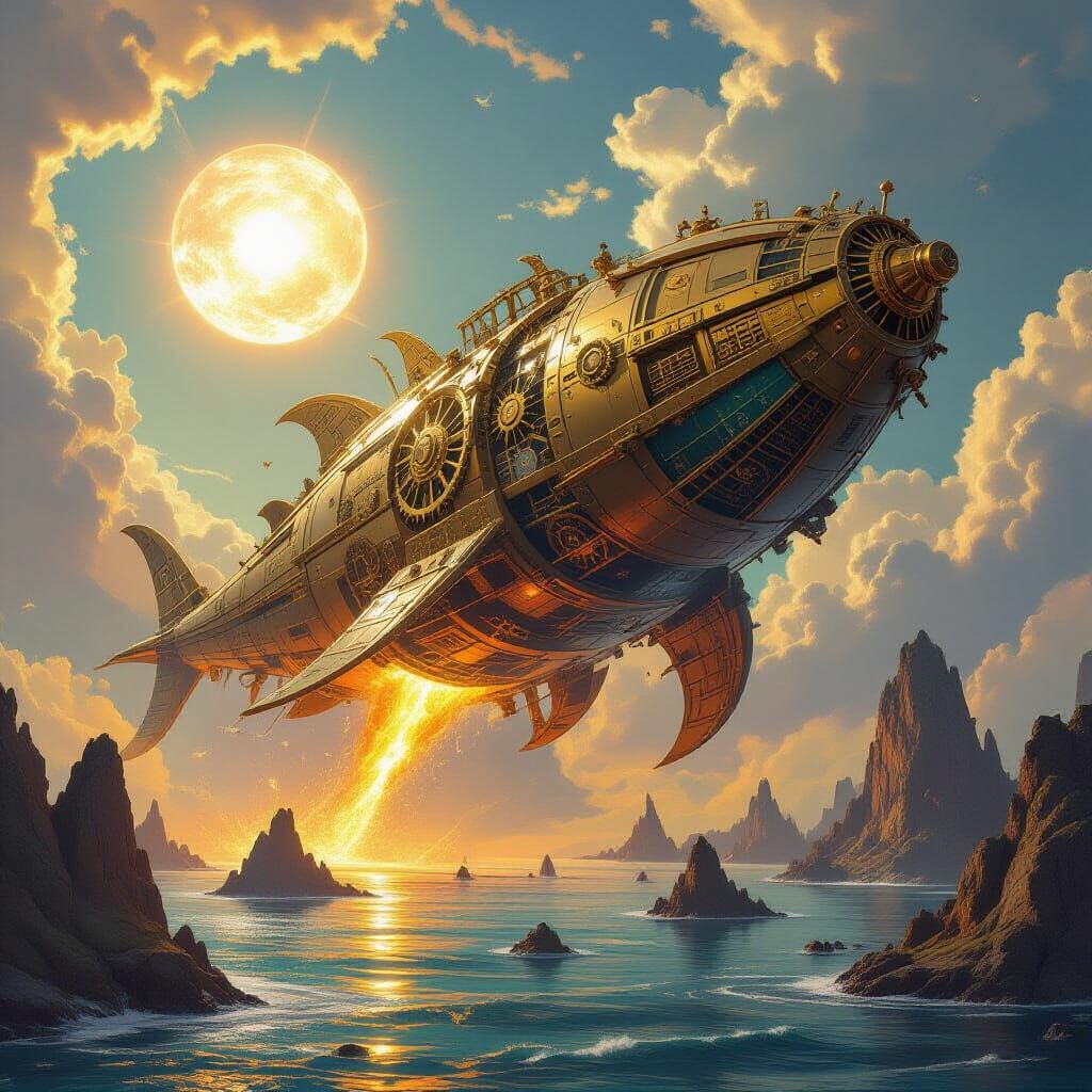 Clockwork Leviathan Rises From Molten Gold Sea