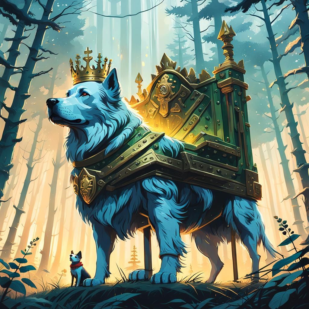 Dog King on Throne in Mystical Forest