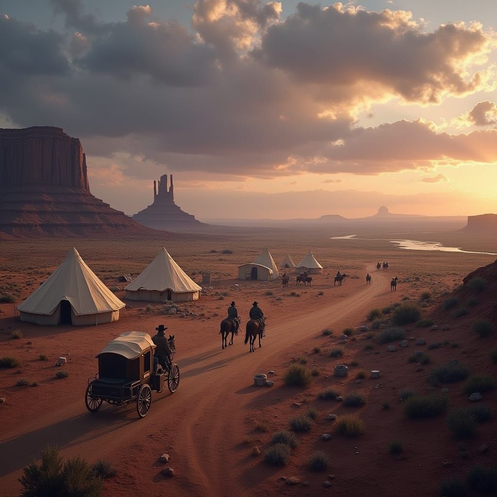 Wild West Town at Twilight: Cowboys and Stagecoach Arrive