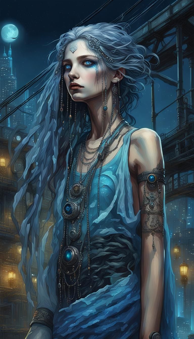 Ethereal Cyberpunk Goddess with Flowing Hair