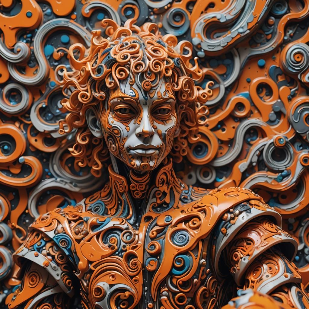 Psychedelic Figurine in Orange Graffiti, Macro Photography