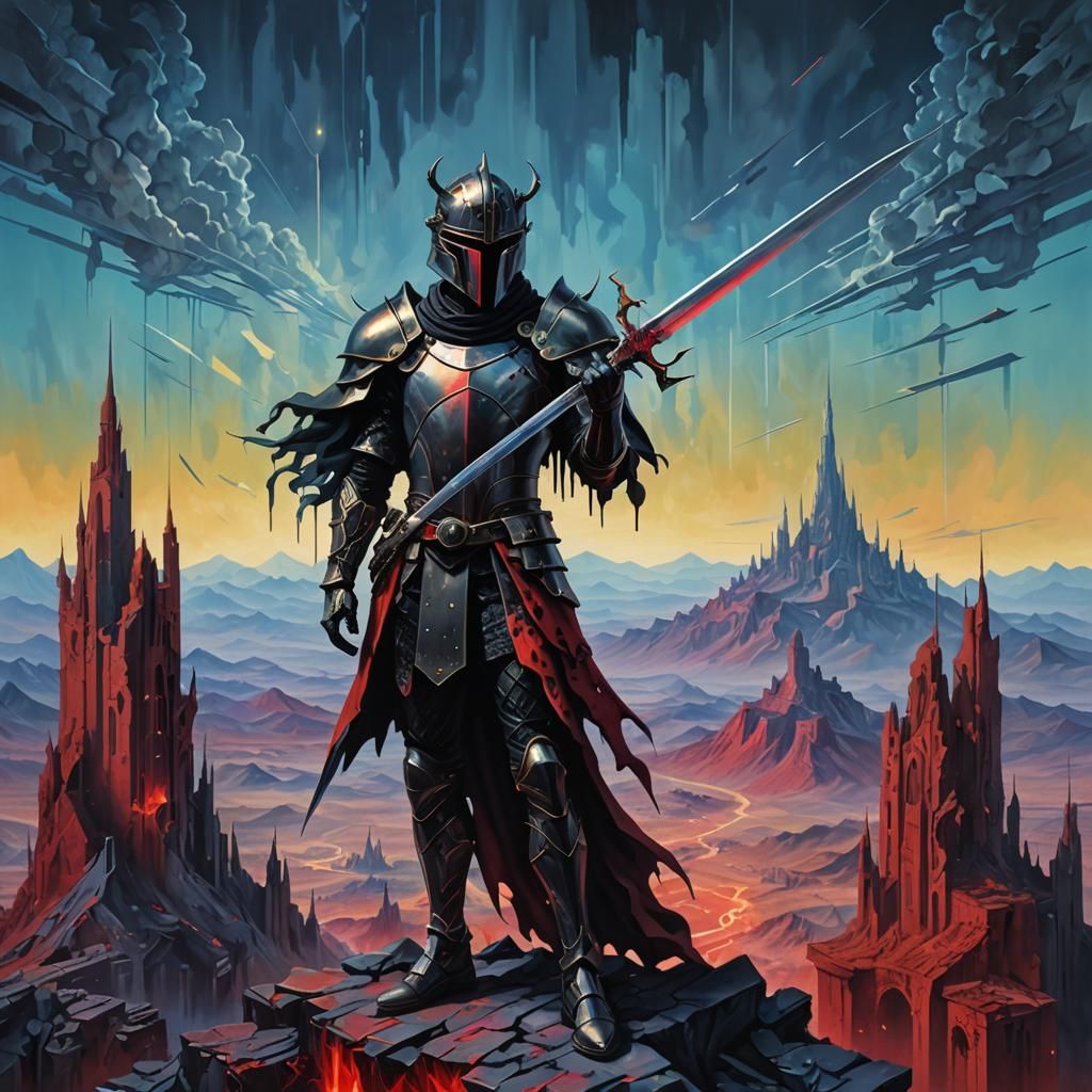 Surreal Warrior in Glitched Landscape: Digital Matte Paintin...