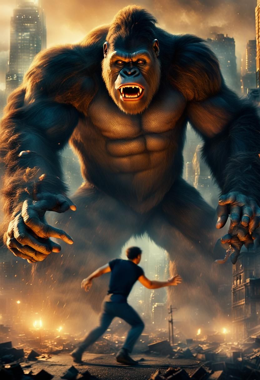King Kong Amidst City Destruction: Cinematic Film Still