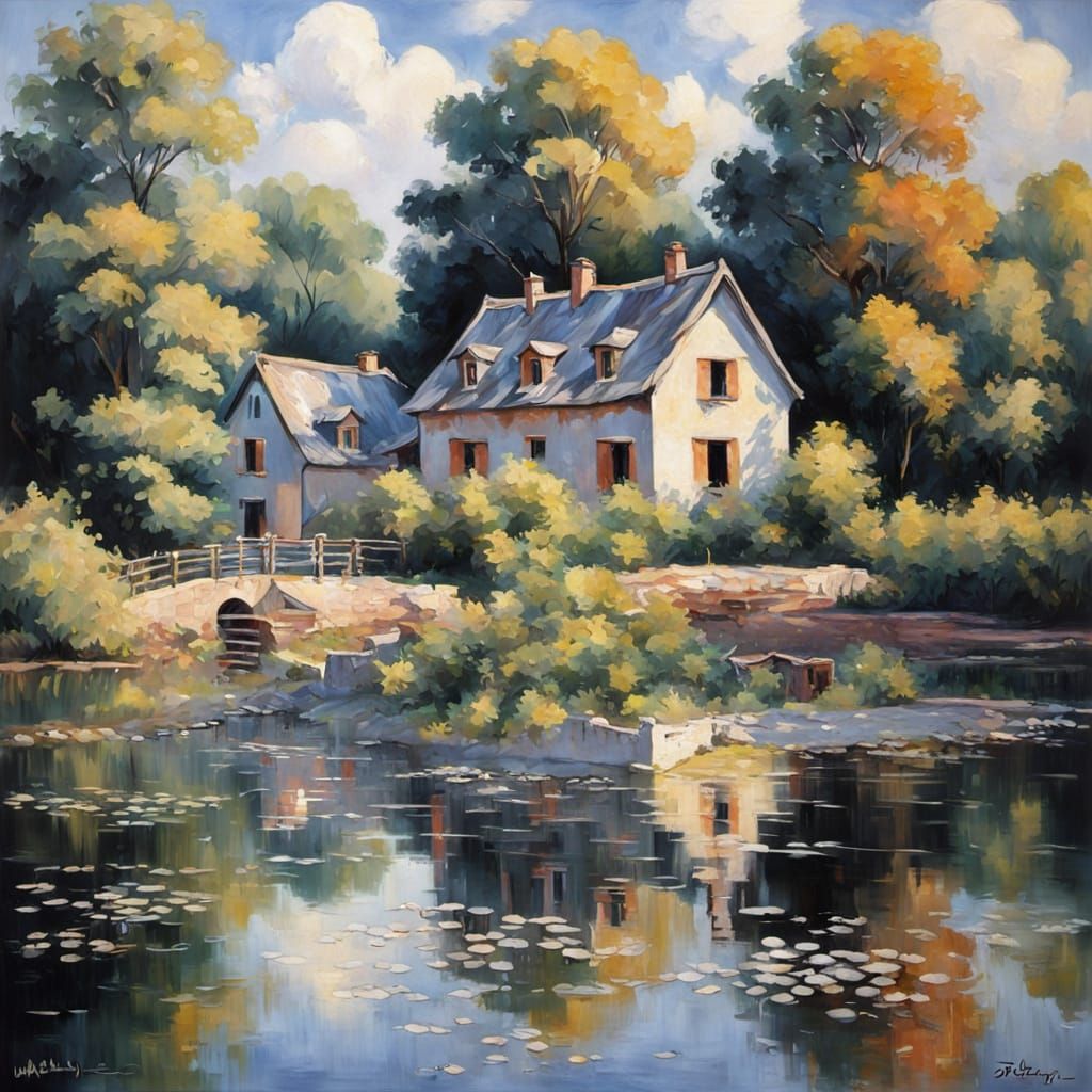 Surreal Lake Scene in Impressionist Style