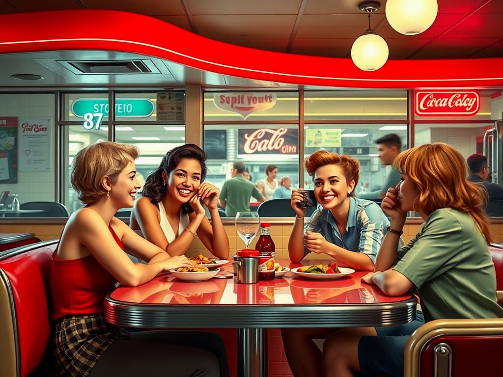 Friends at 1950s Diner Lunch in Photorealism