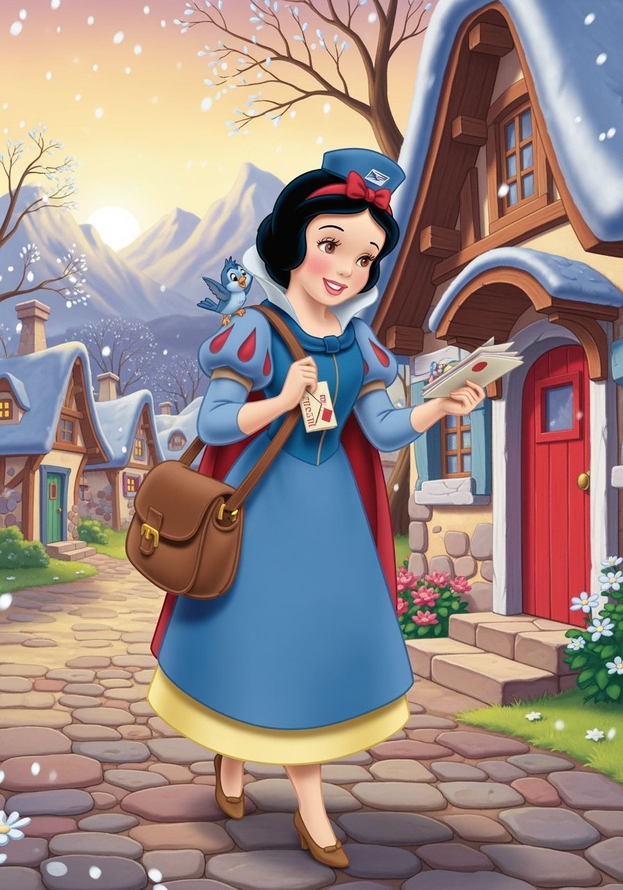 Snow White as Mail Carrier in Whimsical Village Setting