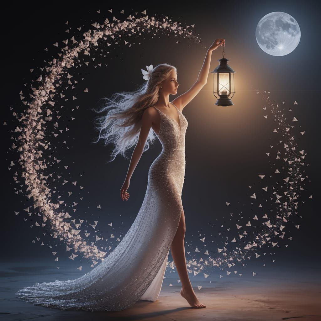 Ethereal Woman with Lantern in Moonlit Night