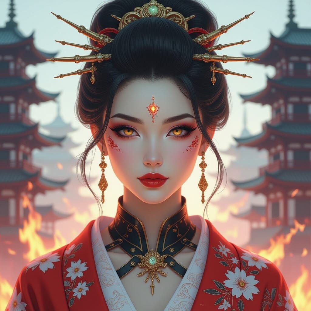 Ninetailed Fire Goddess in Futuristic Japan