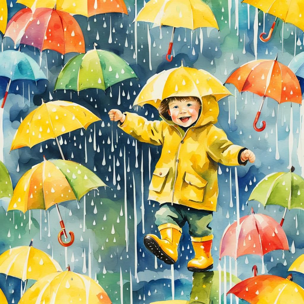 Smiling Toddler Dancing in Rain: Abstract Watercolor Art