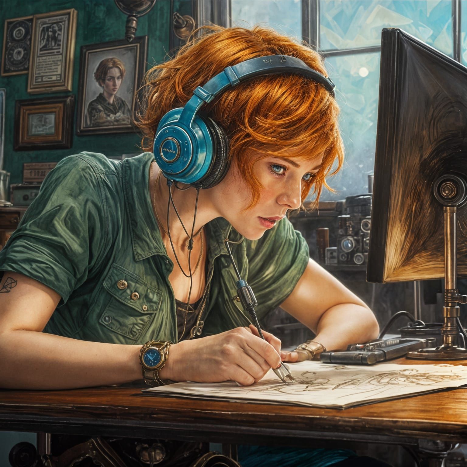 Redhead Artist Drawing Self Portrait in Steampunk Style