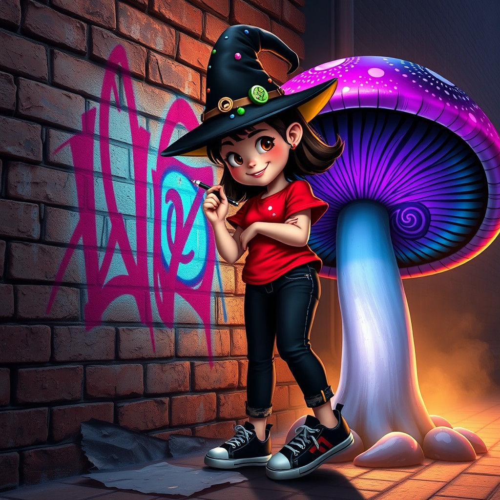 Whimsical Witch Graffiti Art in Digital Painting Style