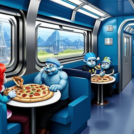 Smurfs Eating Pizza in Futuristic Train Car