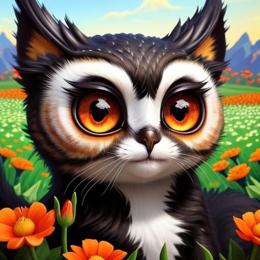 Monster Cat with Tilted Head in Floral Field