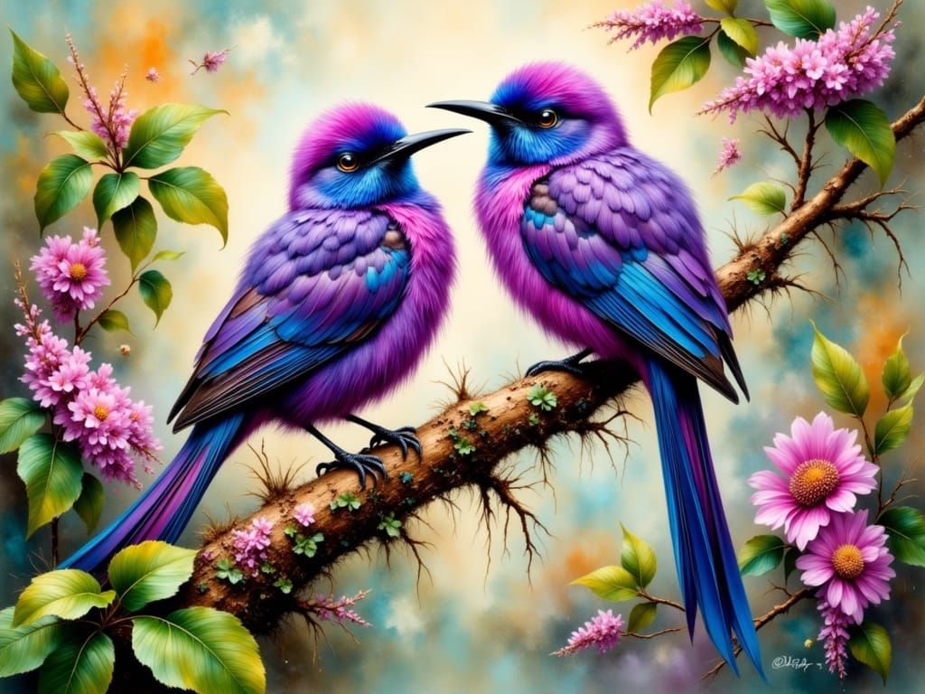 Purple Hawaiian Honeycreepers in Indian Ink Style