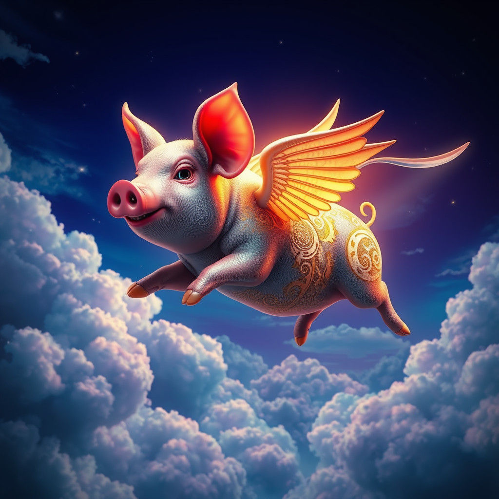 Majestic Flying Pig Soaring Through Whimsical Sky