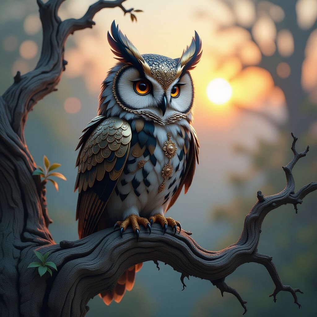 Majestic Clockwork Owl at Twilight, Impasto Oil Painting