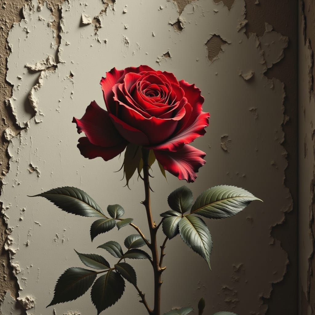 red rose in front of a peeling plaster wall