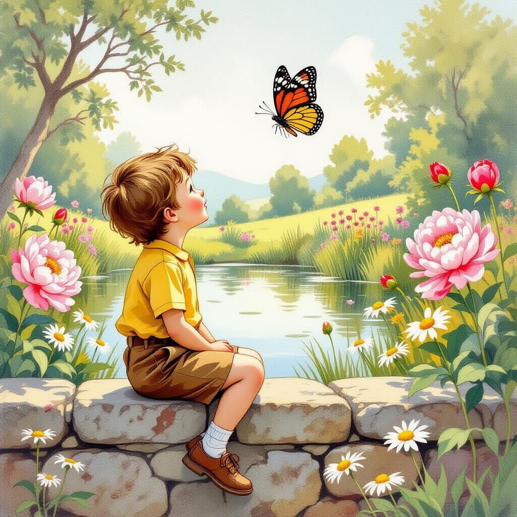 Boy Watching Butterfly in Storybook Illustration Style