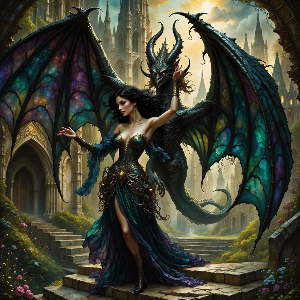 Dark Fantasy Woman and Demon on Cathedral