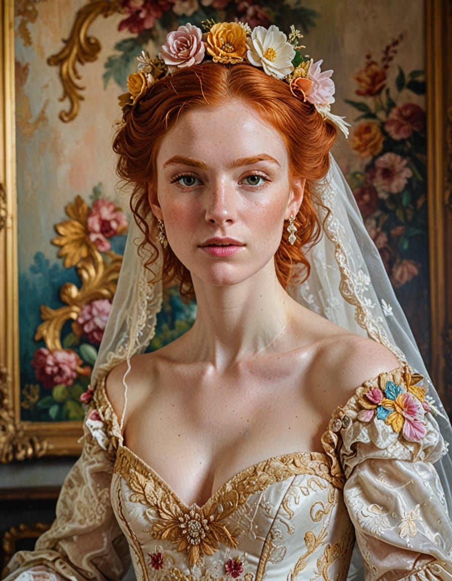 Redhead in Rococo Wedding Dress - Vibrant Oil Painting