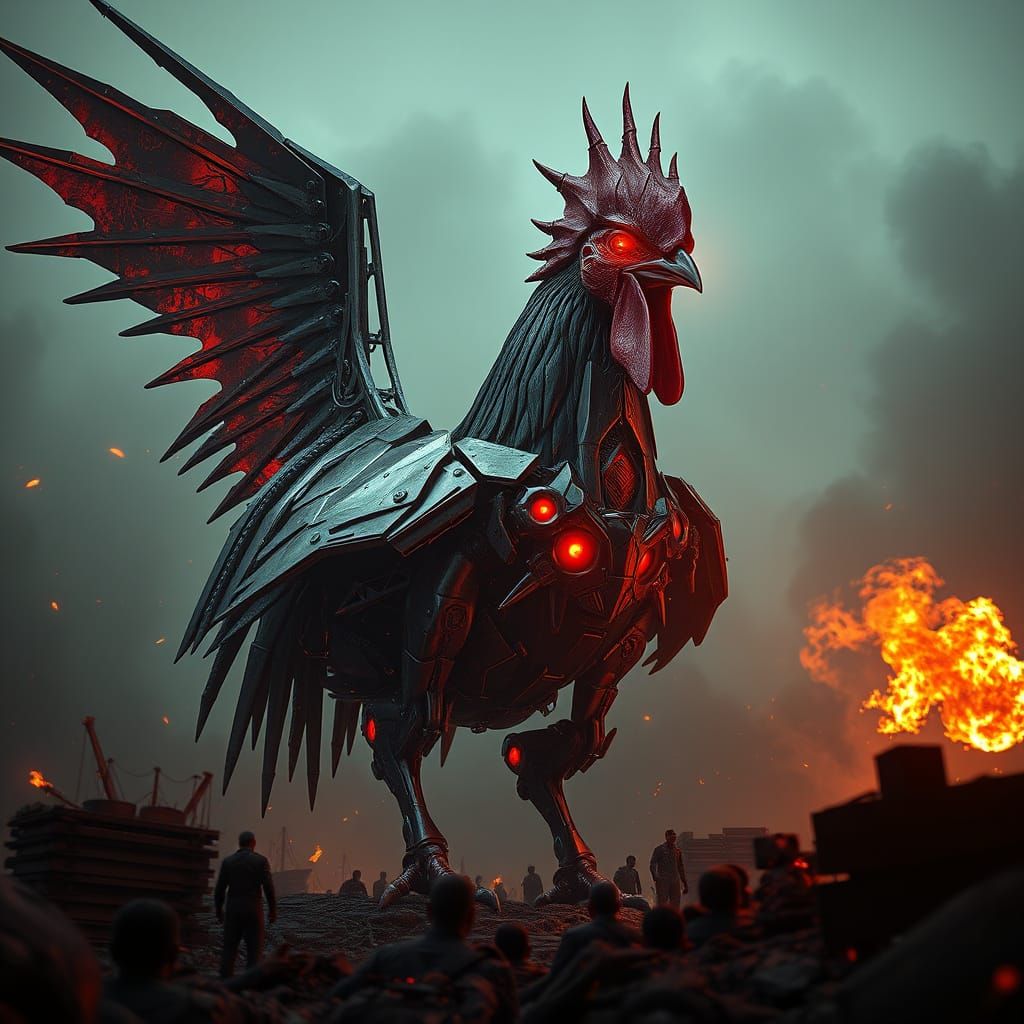 Cybernetic Metal Demon Chicken Reigns Over Hellish Landscape