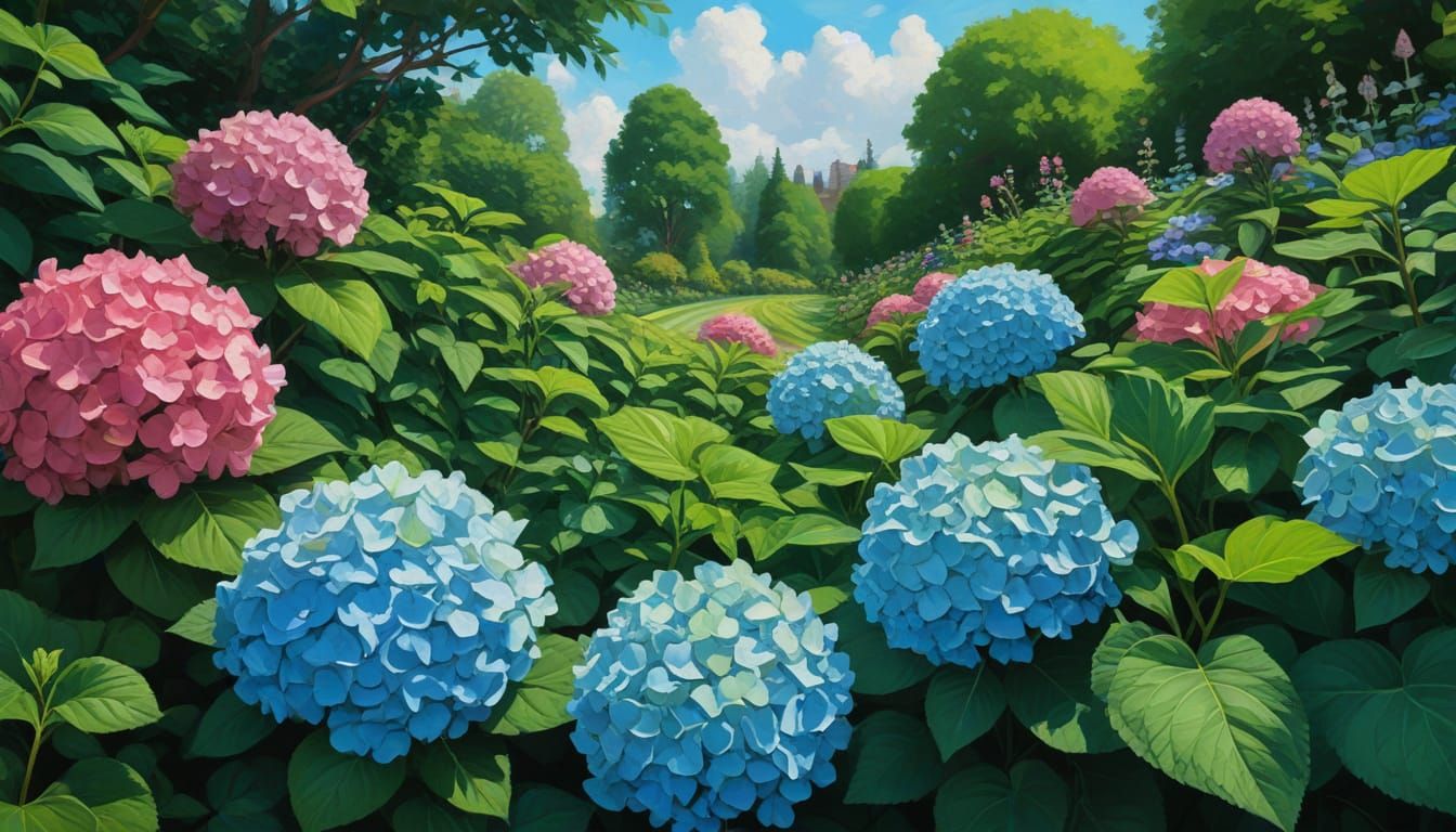 Blooming Hortensia Garden in Gouache Style