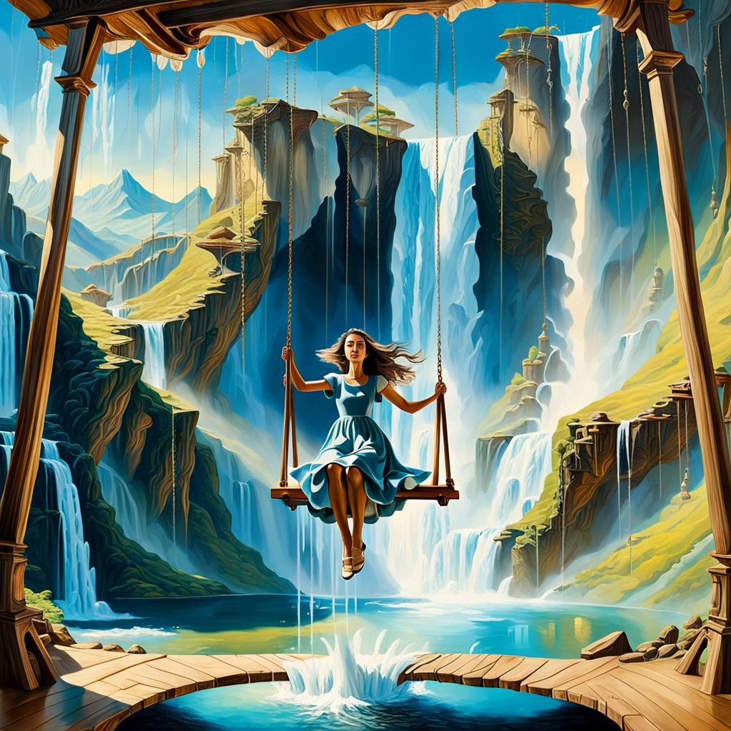 Girl on a Swing in Surrealist Dreamscape