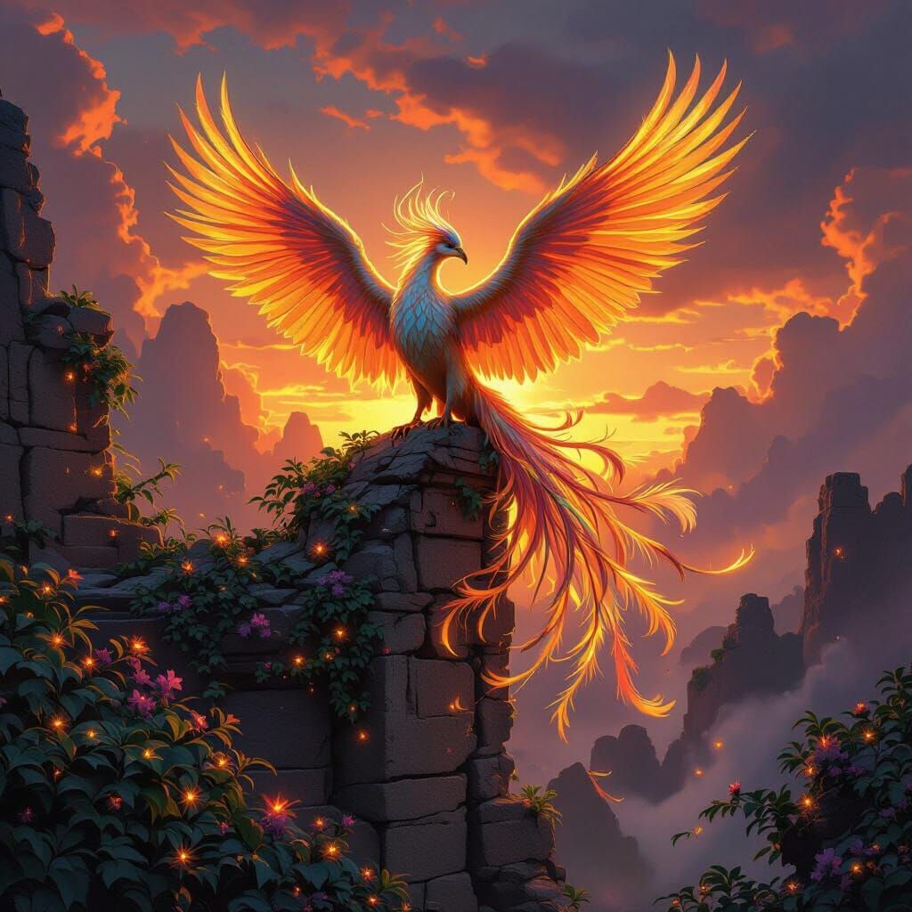 Phoenix Perched Atop Ancient Ruin in Painterly Style