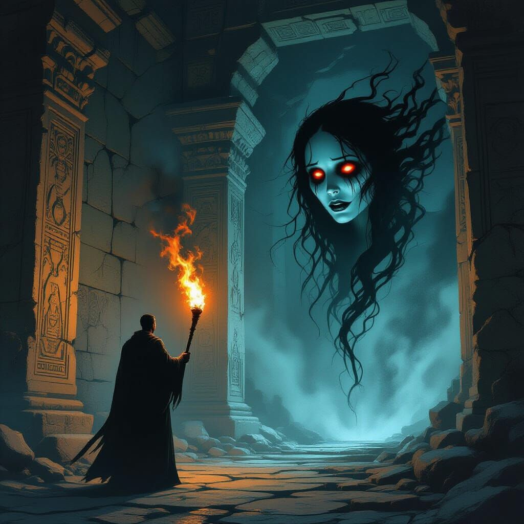 Man With Torch Encounters Ghost in Abandoned Temple