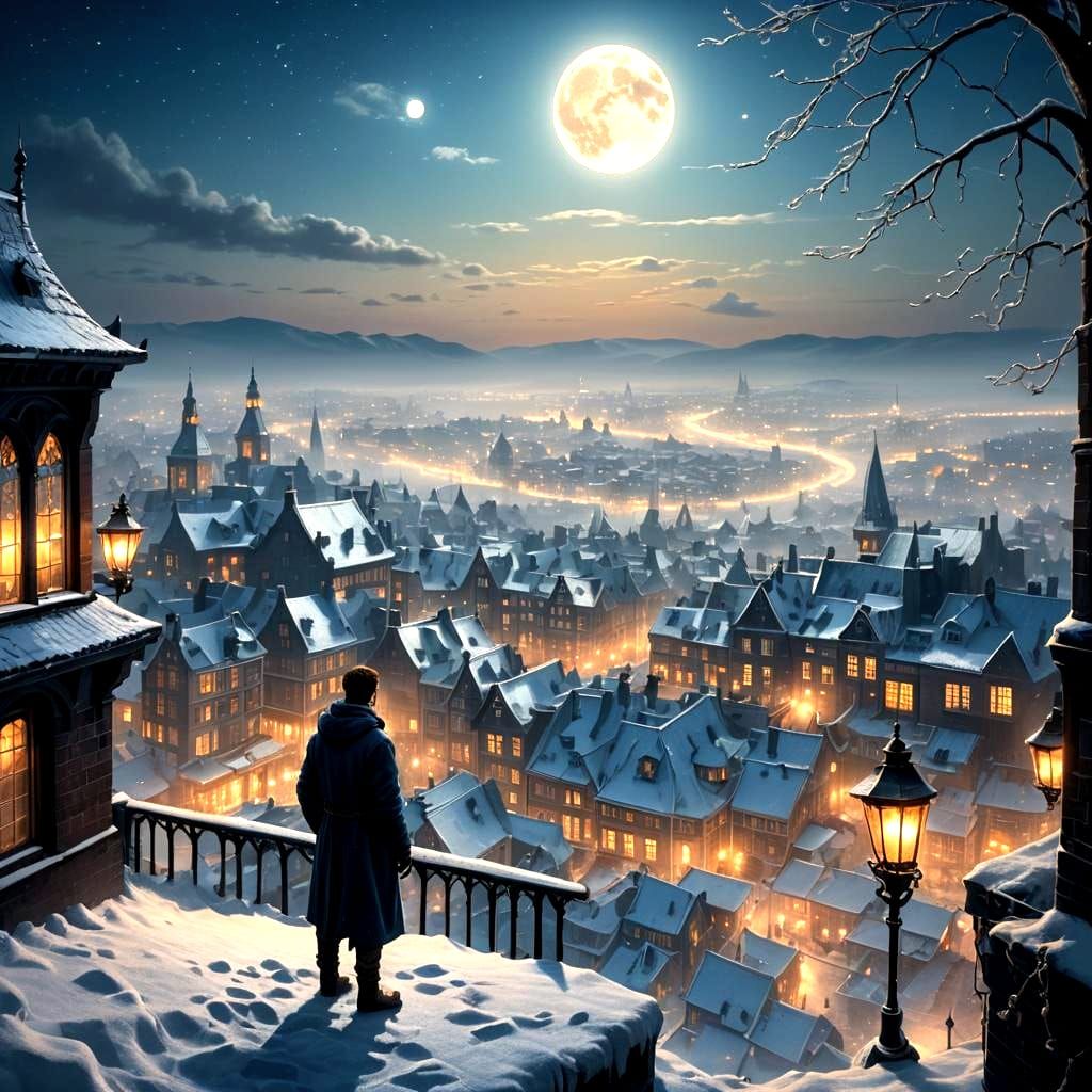 Winter City View Through Window in Matte Painting