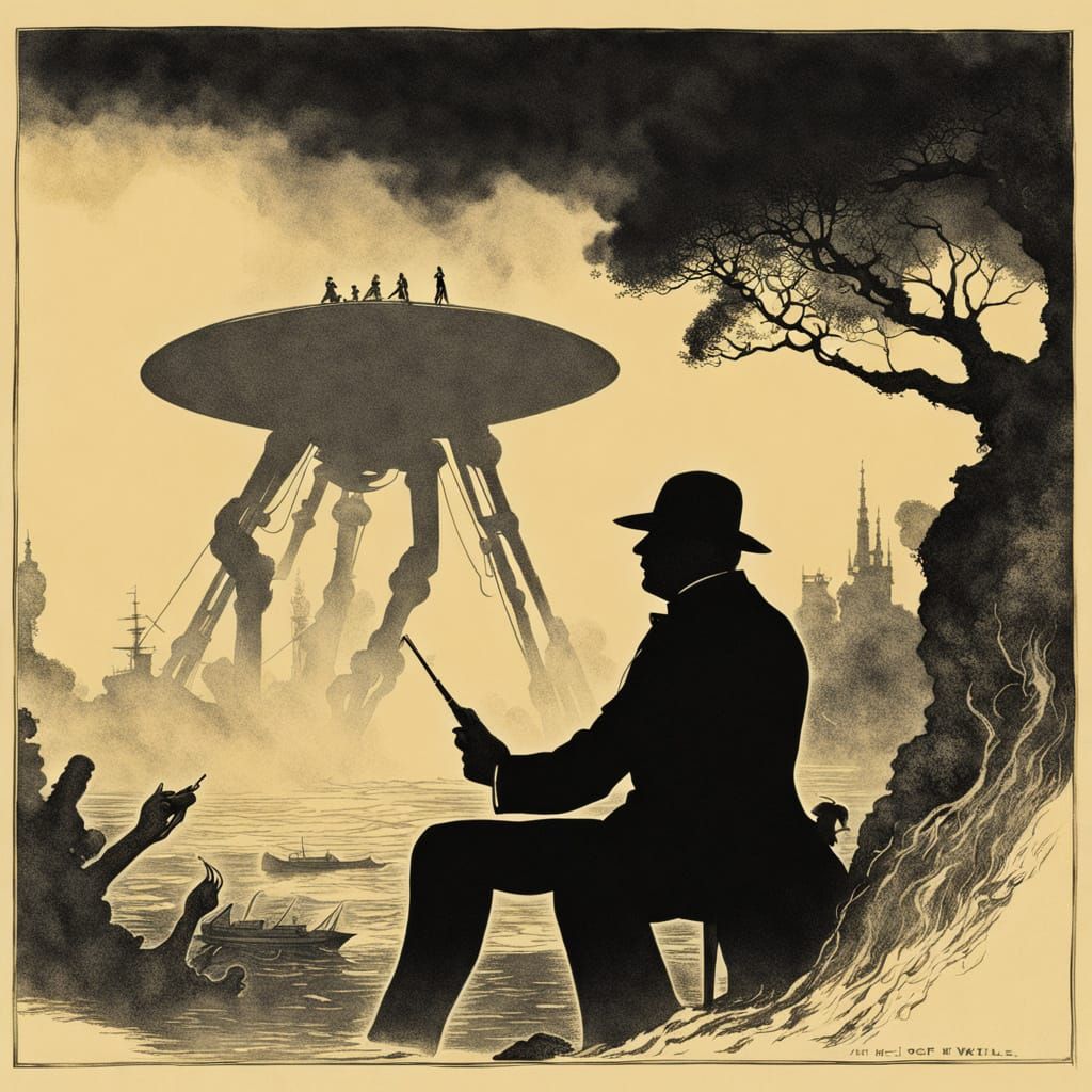 Vintage Sci-Fi Author Silhouettes in a Futuristic Landscape
