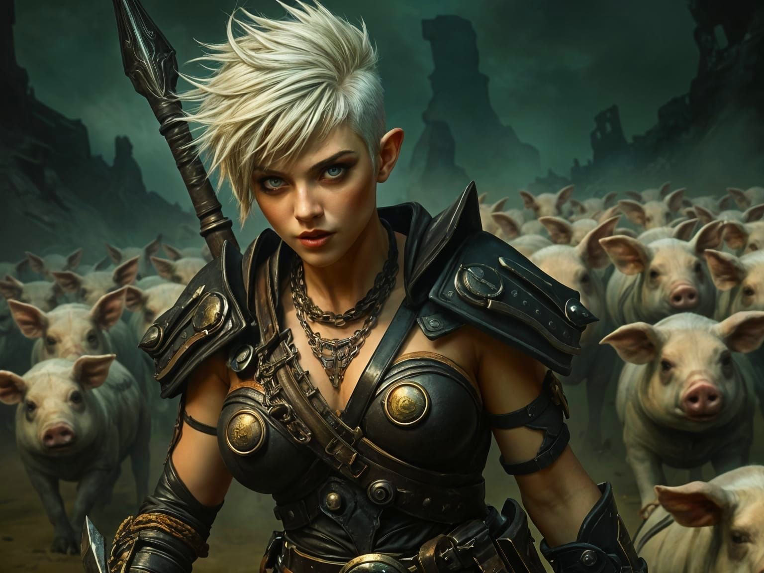 Warrior Commands Pig Army in Romantic Style