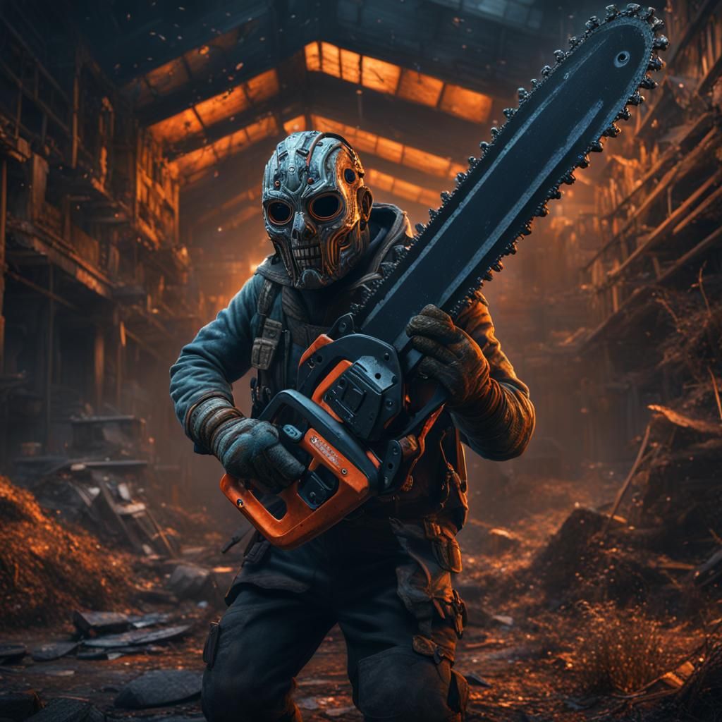 Masked Man with Chainsaw in Detailed Matte Painting