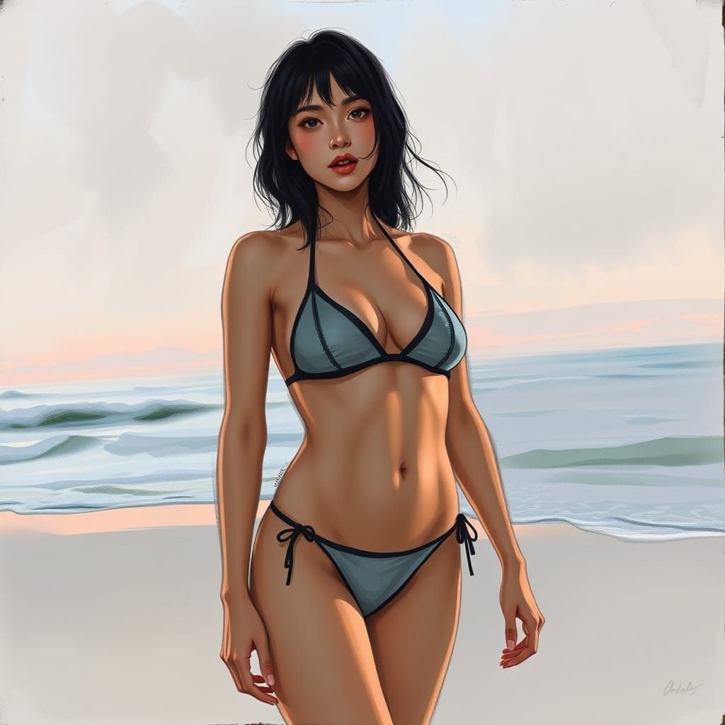 Bikini Woman on Beach: Charcoal Art Style