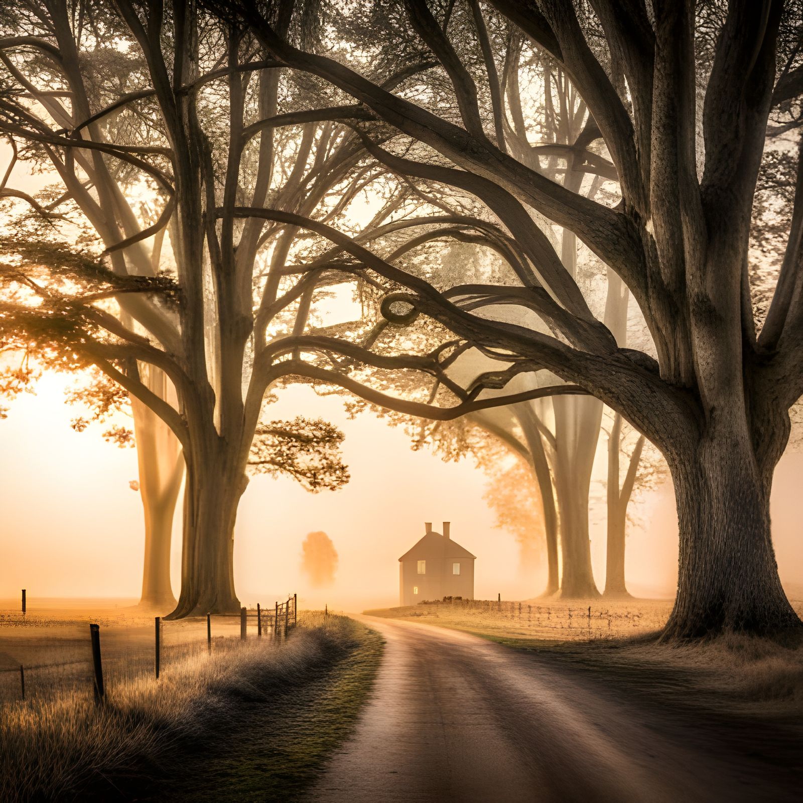 Foggy Sunrise Over Autumn Meadow Landscape