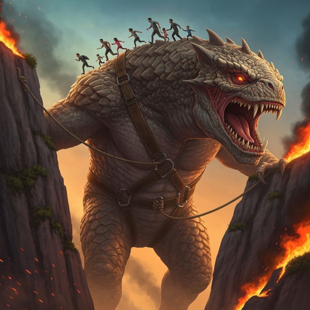 Families Escape Fire on Monster Bridge in Splash Art Style