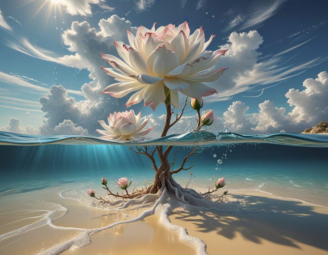 Celestial Rose Bush Under Water in Stormy Weather