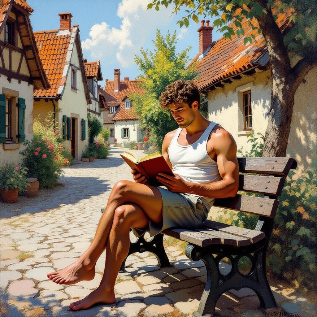 Man Reading Book on Bench in Summer, Realistic Art