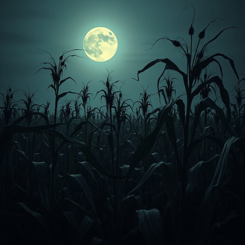 Eerie Moonlight Cornfield at Dusk in Surreal Gothic Style