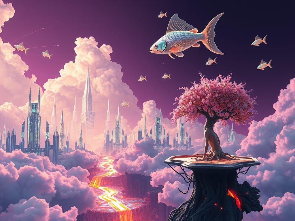 Weightless Metropolis Drifts Among Clouds in Luminous Wonder