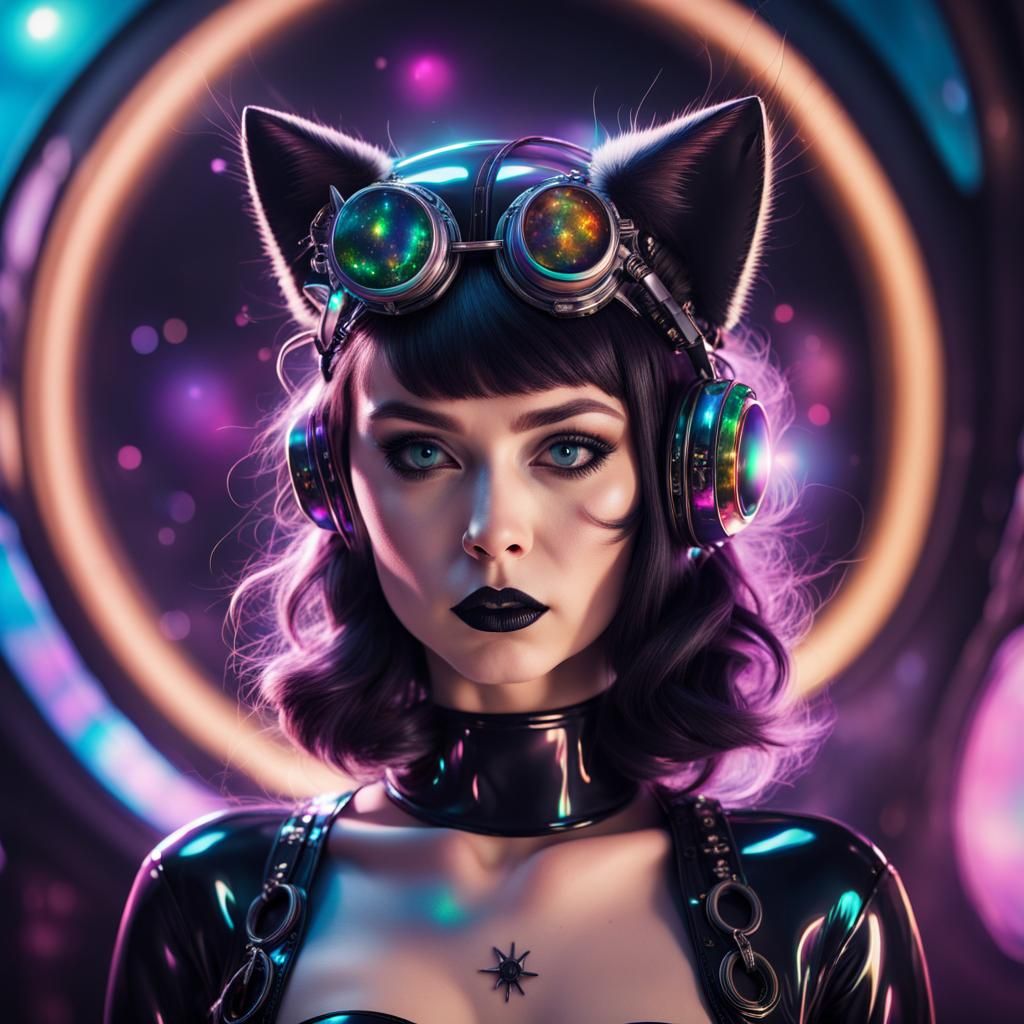 Holographic Astral Steampunk Lady with Cat Ears