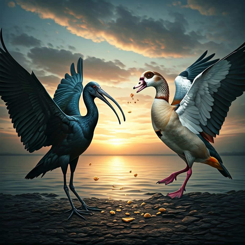 Glossy Ibis and Egyptian Goose Battle in Twilight Park